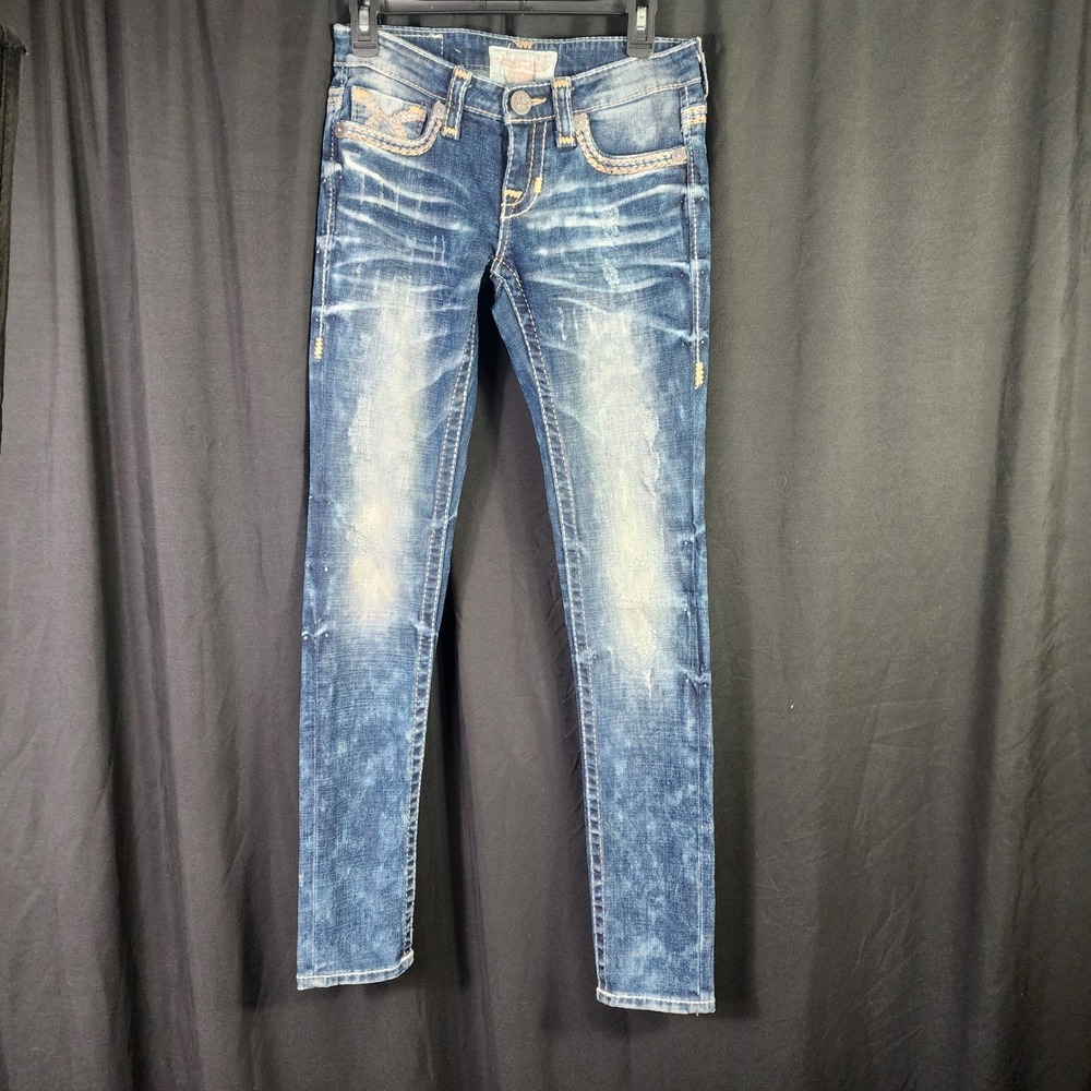BIG STAR Jean Women 26R Blue Denim Skinny Distressed Embellished Pockets Retro‎